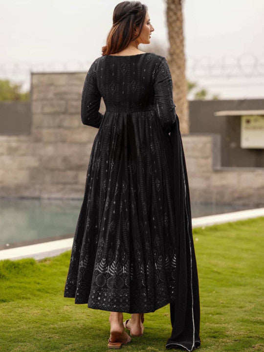 Black Georgette Embroidered Anarkali Kurta with Pyjamas & Dupatta