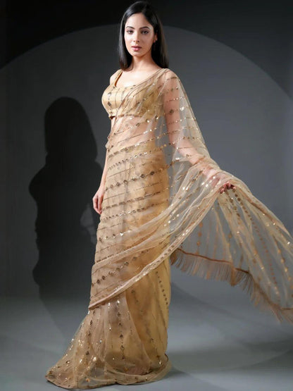 Golden Sequin Embellished Georgette Saree