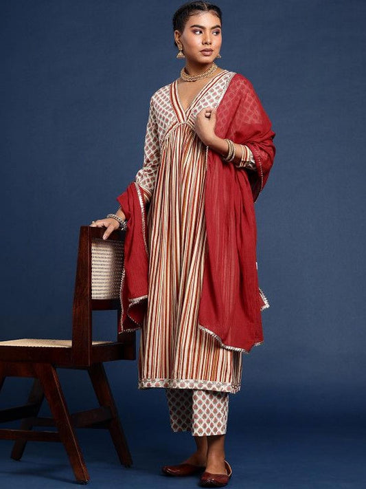 Red & White Cotton Blend Printed Kurta Set with Straight Pants & Dupatta