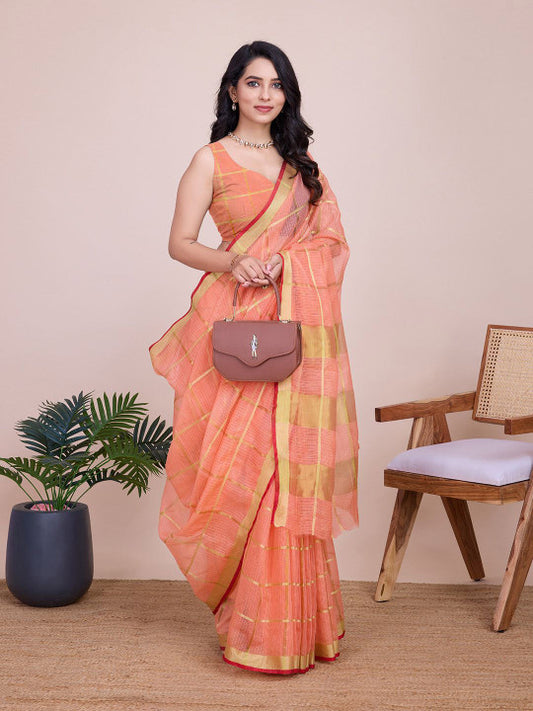 Peach Cotton Silk Woven Design Embellished Striped Zari Kota Saree