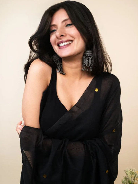 Black Cotton Blend Embellished Saree