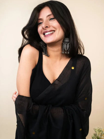 Black Cotton Blend Embellished Saree