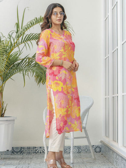 Pink Women’s Floral Print V Neck Cotton Kurta