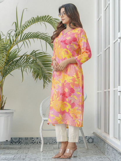 Pink Women’s Floral Print V Neck Cotton Kurta