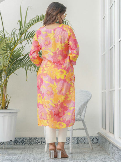 Pink Women’s Floral Print V Neck Cotton Kurta