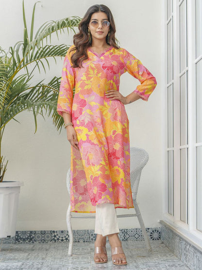 Pink Women’s Floral Print V Neck Cotton Kurta