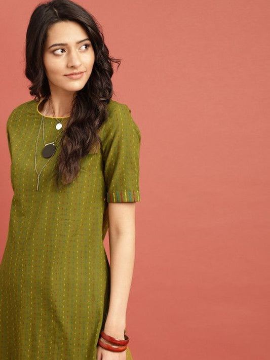 Green Women’s Cotton Round Neck Kurta