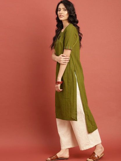 Green Women’s Cotton Round Neck Kurta