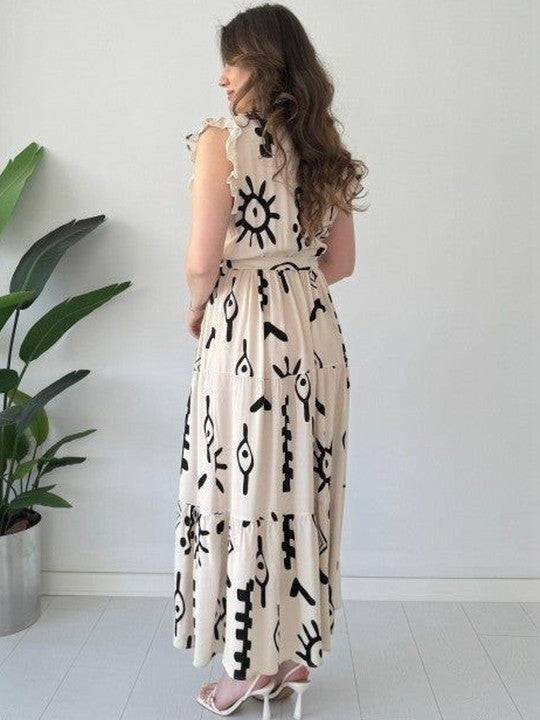 Beige Floral Print Layered Fit & Flare Dress