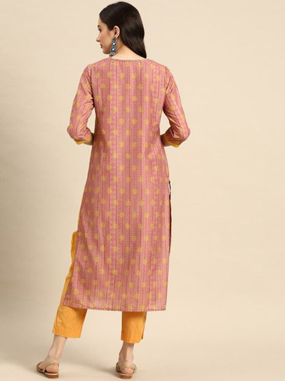 Peach Printed Viscose Rayon Round Neck Kurta