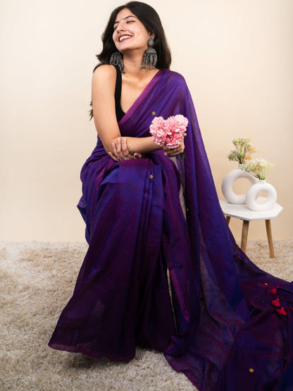 Royal Purple Cotton Blend Embellished Sequined Saree