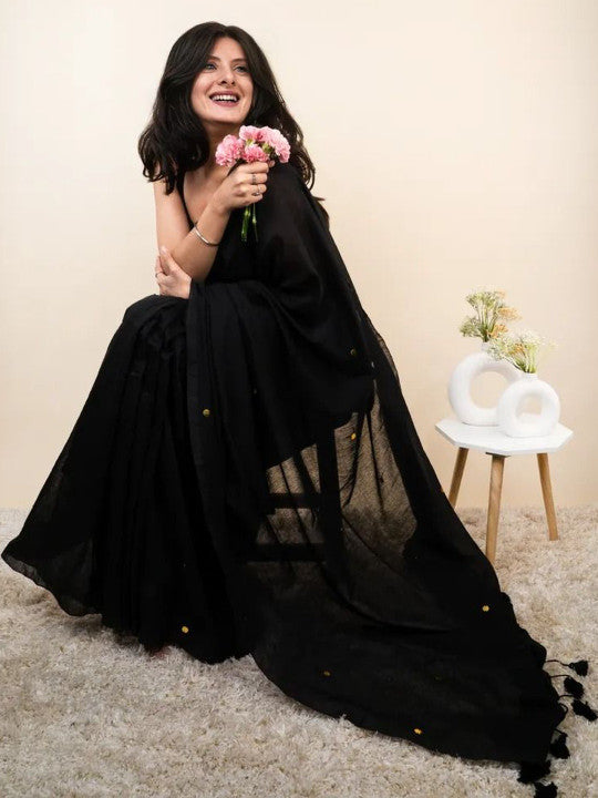 Black Cotton Blend Embellished Saree