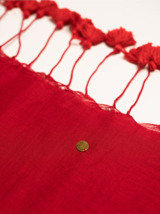 Red Cotton Blend Mirror Work Saree