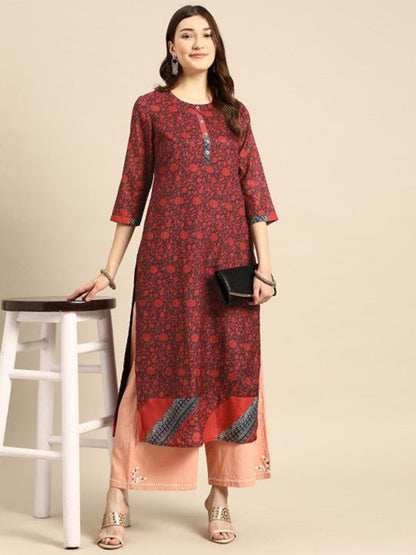 Red Floral Viscose Rayon Round Neck Kurta