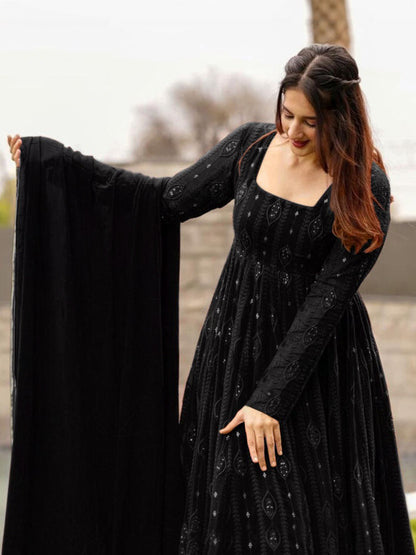 Black Georgette Embroidered Anarkali Kurta with Pyjamas & Dupatta