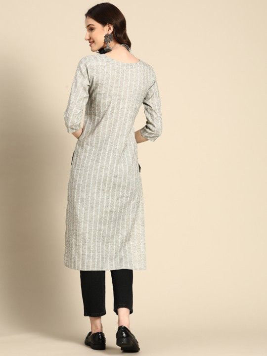 Grey Striped Viscose Rayon Round Neck Kurta