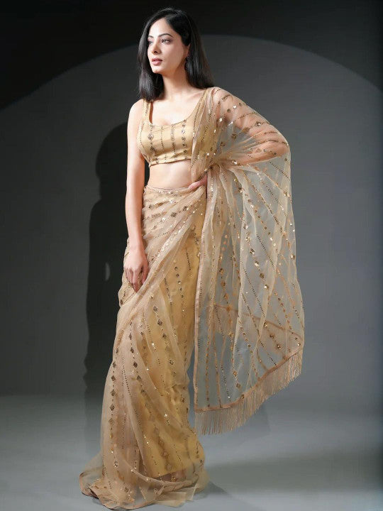 Golden Sequin Embellished Georgette Saree