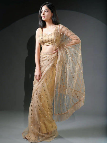 Golden Sequin Embellished Georgette Saree