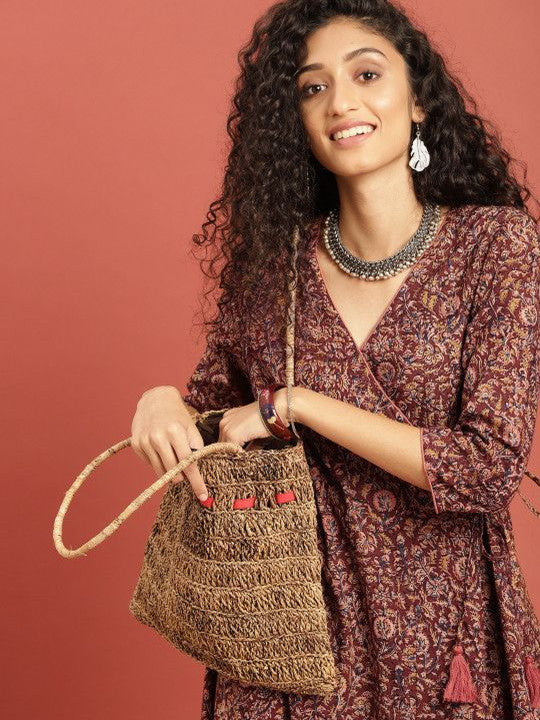 Maroon Cotton Blend Printed V Neck Kurta