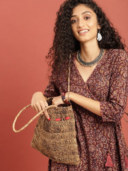 Maroon Cotton Blend Printed V Neck Kurta
