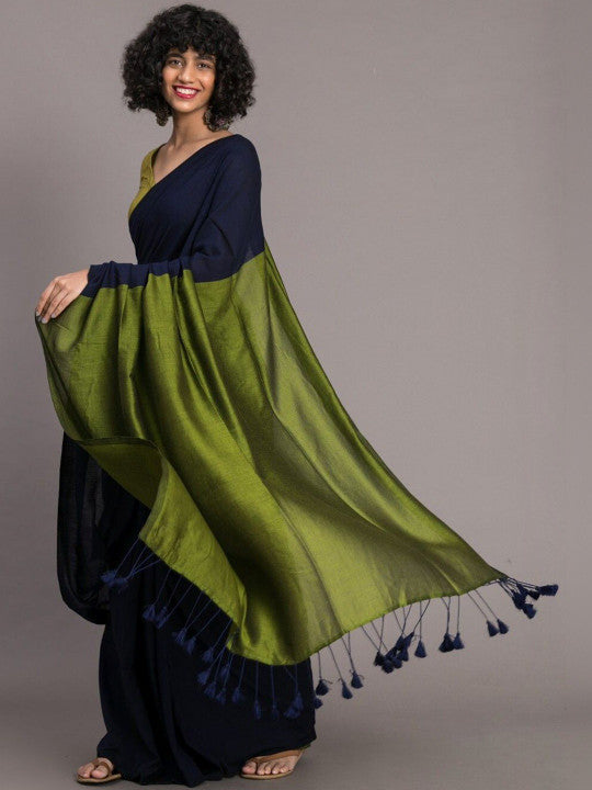 Navy Blue & Olive Khadi Cotton Blend Saree