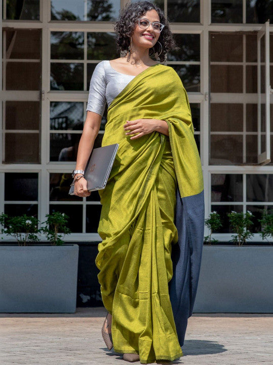 Olive Green Cotton Blend Saree