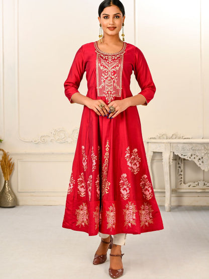 Red Pure Cotton Embroidered Round Neck Anarkali Kurta