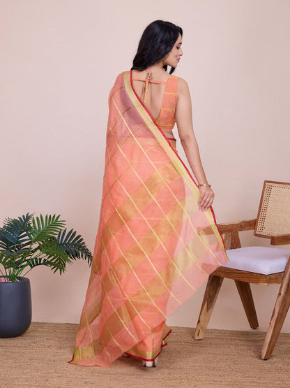 Peach Cotton Silk Woven Design Embellished Striped Zari Kota Saree