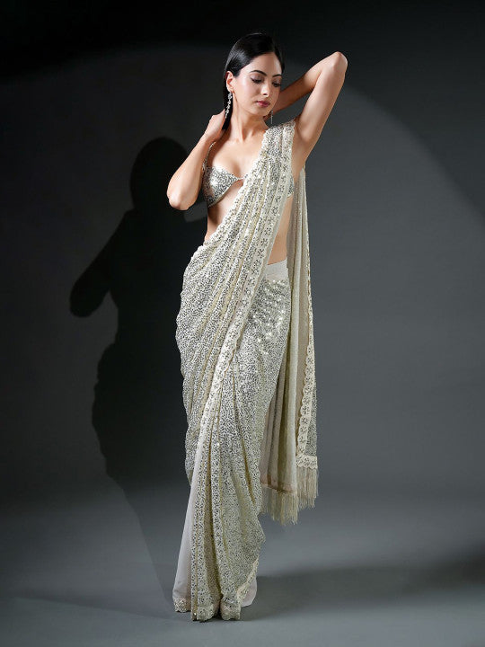 Ivory Sequin Embellished Georgette Ready-to-Wear Saree