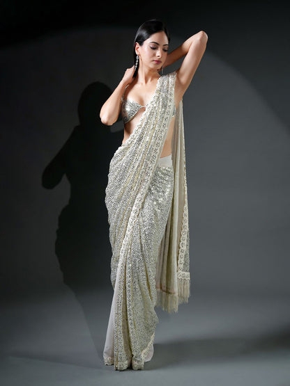 Ivory Sequin Embellished Georgette Ready-to-Wear Saree