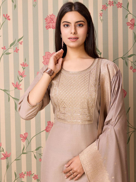 Beige Art Silk Embroidered Kurta with Trousers & Dupatta