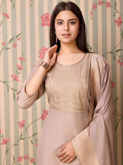 Beige Art Silk Embroidered Kurta with Trousers & Dupatta