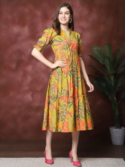 Multicolor Floral Printed Viscose Rayon & Cotton Midi Dress