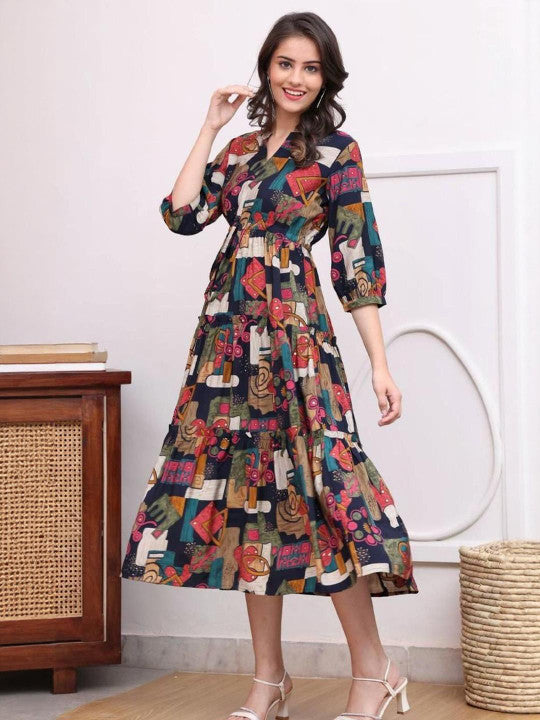 Abstract Multicolor Printed Cotton Midi Dress