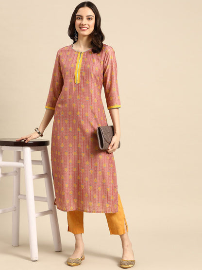 Peach Printed Viscose Rayon Round Neck Kurta