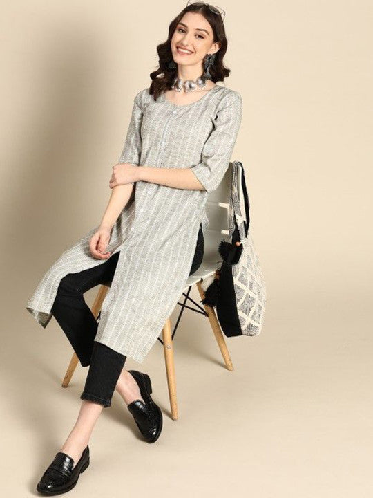 Grey Striped Viscose Rayon Round Neck Kurta