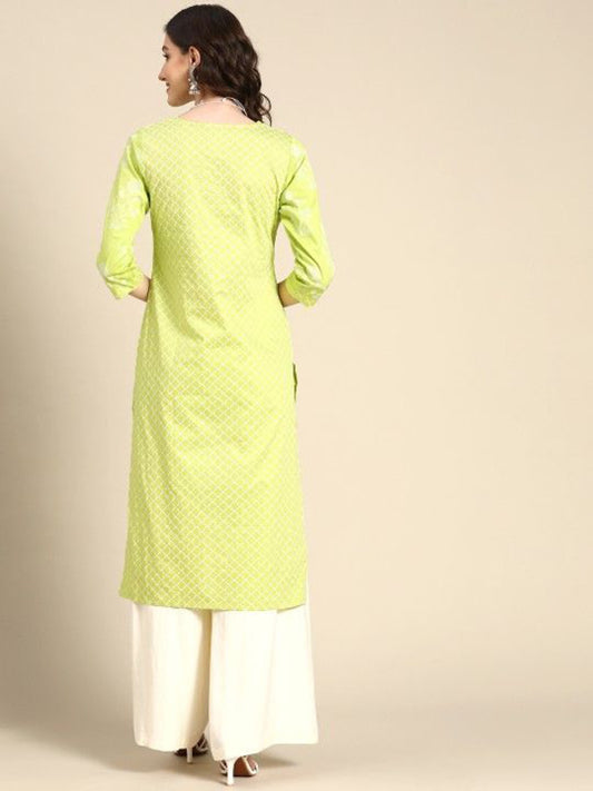 Lime Green Printed Viscose Rayon Round Neck Kurta