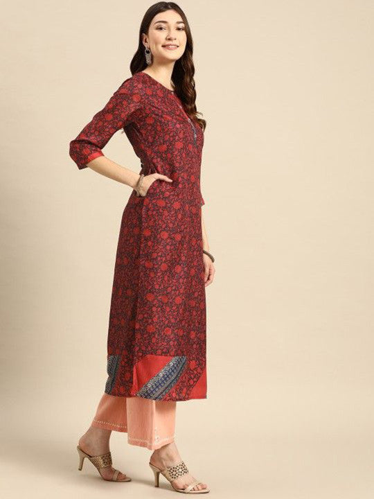 Red Floral Viscose Rayon Round Neck Kurta
