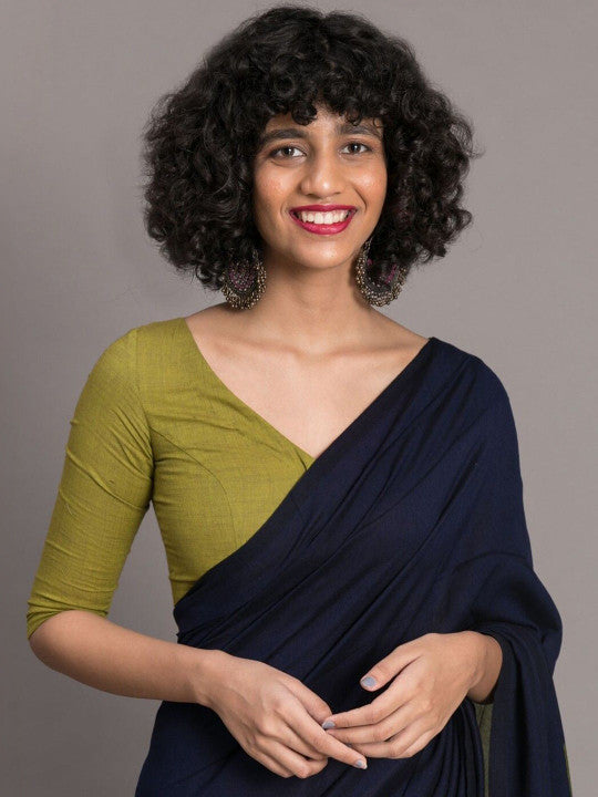 Navy Blue & Olive Khadi Cotton Blend Saree