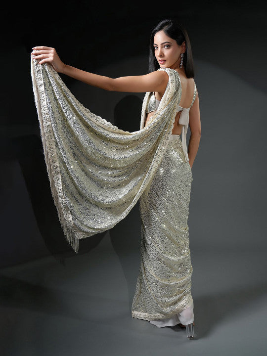 Ivory Sequin Embellished Georgette Ready-to-Wear Saree