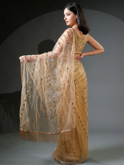 Golden Sequin Embellished Georgette Saree