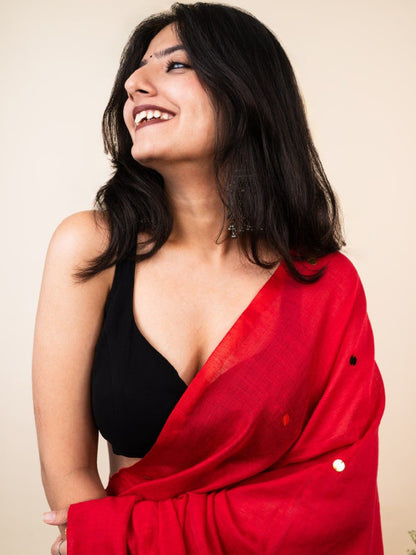 Red Cotton Blend Mirror Work Saree