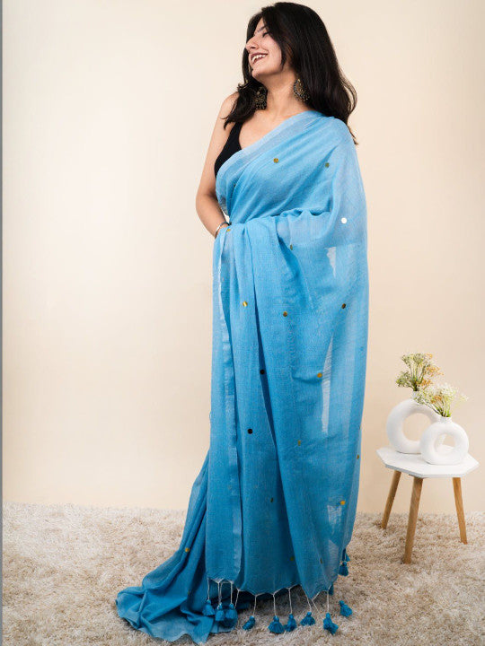Sky Blue Cotton Blend Mirror Work Saree