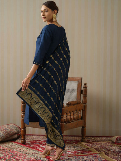 Navy Blue Art Silk Embroidered Kurta with Trousers & Dupatta