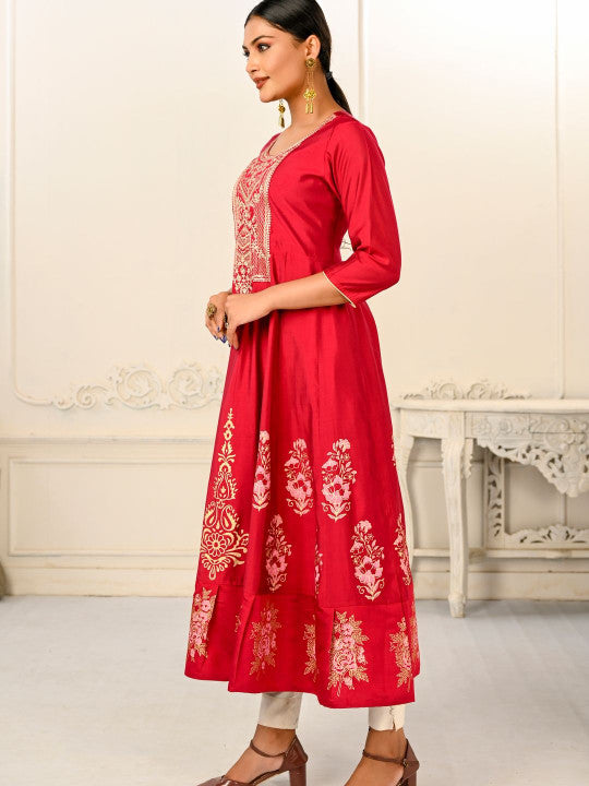 Red Pure Cotton Embroidered Round Neck Anarkali Kurta