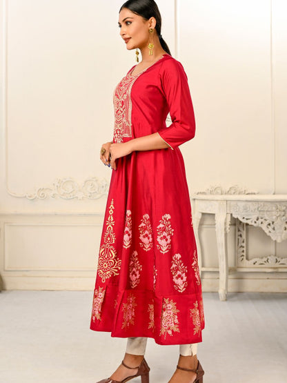 Red Pure Cotton Embroidered Round Neck Anarkali Kurta
