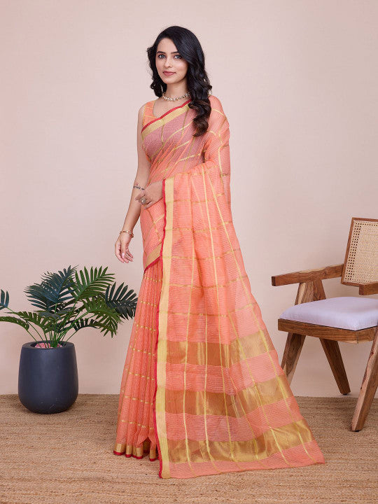 Peach Cotton Silk Woven Design Embellished Striped Zari Kota Saree