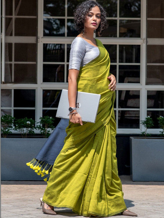 Olive Green Cotton Blend Saree