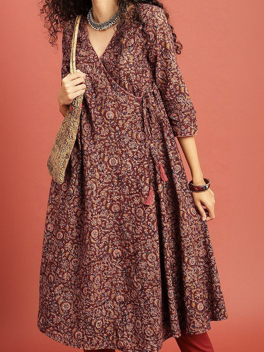Maroon Cotton Blend Printed V Neck Kurta