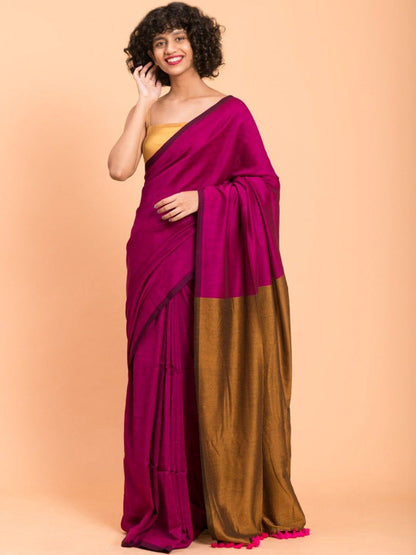 Magenta & Mustard Khadi Cotton Blend Saree